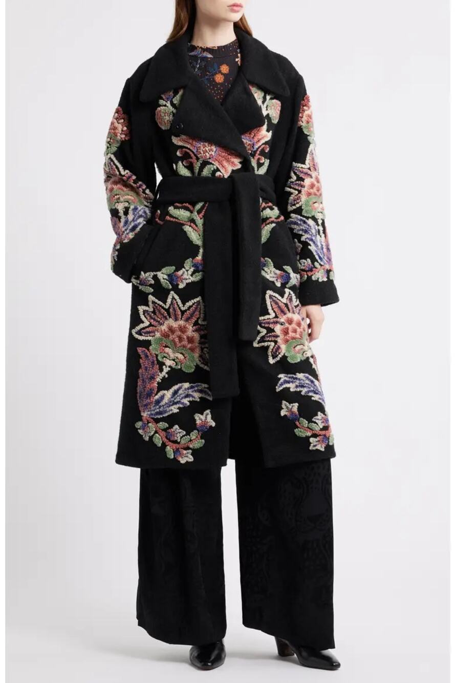 Farm Rio Marvelous Garden Fleece Coat Black Size Large